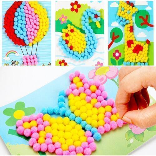 8pcs Children DIY Cotton Ball Stickers/ Kids Child Cartoon Cardboard with Multi Color Little Ball Stick Paintings Free Shipping