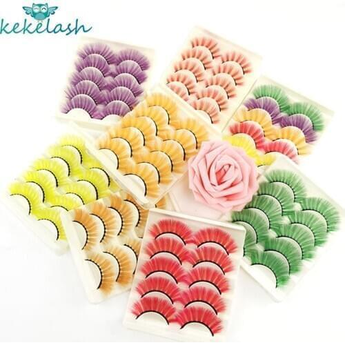 Kekelash 5 Pairs Red, Green, Yellow, Pink Colored Eyelashes for Wholesale Colorful 3D Faux Lashes in Bulk