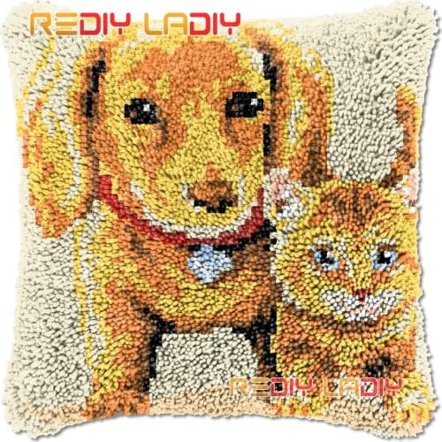 Latch Hook Cushion Cover Puppy and Kitten Needlepoint Kits Chunky Acrylic Yarn Crocheting Pillow Case Arts & Crafts