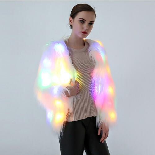 Savabien LED Christmas Party Faux Fur Coat White Furry Slim Soft Long Sleeve Fluffy Fur Jacket 2019 Fashion Festival Outerwear
