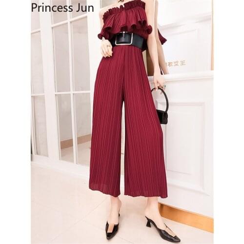 Summer Women Slash Neck Jumpsuits Fashion Strapless Sexy Pleated Playsuits Sleeveless Loose Casual Wide Leg Pants Bodysuits