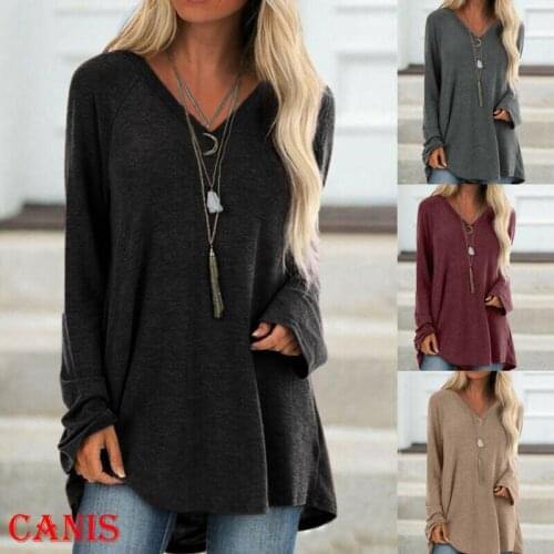 Fashion Casual Solid Womens Long Sleeve V-Neck Tee Ladies Oversized Loose T-shirt Jumper Pullover Tops