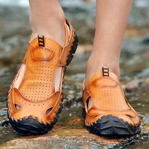 Mens Platform Sandals Men Outdoor Sandals Sports Mens Summer Beach Shoes Genuine Leather Lightweight Sandal Flat Male Thick Sole