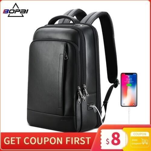 BOPAI Genuine Leather Backpack Men Business 15.6 Inch Laptop Anti-Theft Back Pack USB Waterproof Large Capacity Male Shool Bags