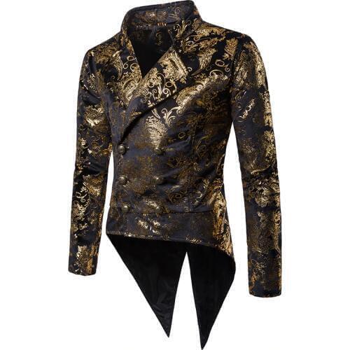 Mens Gold Paisley Double Breasted Tuxedo Blazer Slim Tailcoat Stage Singer Prom Dresses Costume Homme Wedding Groom Suit Jacket