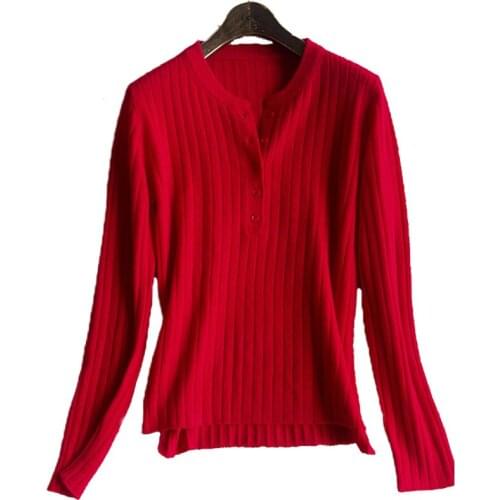 New Woollen Womens Sweater Solid Cashmere Blended Long-sleeved Sweater Spring Lady Knitted Sweater With Buttoned Round Neck