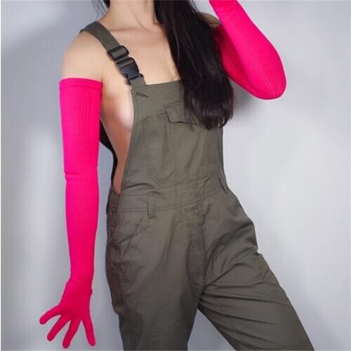 Extra Long Wool Gloves 70cm Knitted Five-Finger High Elastic Wool-Containing WomenS School Uniform Warm Rose Red ZZ70-3