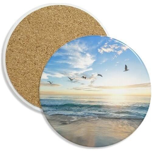 Ocean Sand Beach Bird Sea Picture Ceramic Coaster Cup Mug Holder Absorbent Stone for Drinks 2pcs Gift