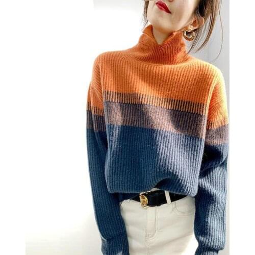 Gradient Color Contrast Pullover Sweater Women Autumn Half High Collar Casual Loose Offece Jumper knitwear Top TT0207