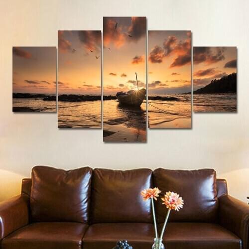 Modern Style Boat Sunset Sea View 5 Pieces HD Printed Canvas Painting Posters And Prints Wall Pictures For Living Room Decor