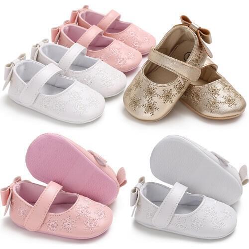 Baby Girls Princess Single Shoes Golden Soft Soled Indoor First Walkers Bow Flower Printing PU Infant Toddler Crib Shoes