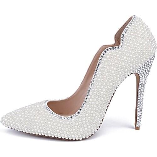 Pumps Shoes For Brides Handmade Wedding Shoes White Pearl Thin Heels Pointed Toe Bridesmaid Shoes Shallow Sexy High Heels Women