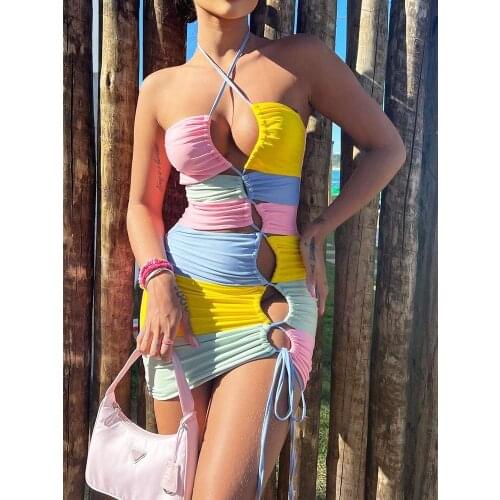 2019 Summer Casual Dress Women Sleeveless Halter Black Orange Short Mini Dress Bodycon Party Beach Dresses Sundress