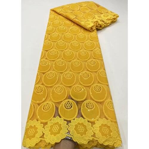 Bright Fashion 2021 Newest Yellow Color Net Background with Embroidery Lace 3D Tulle Nigeria Aso Ebi Dress Material T113