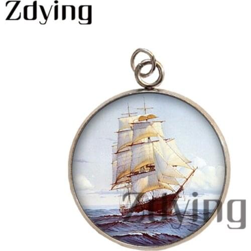 Zdying 2pcs Sailing Boat Charms Glass Photo Cabochon Stainless Steel Pendants Necklaces Jewelry Accessories Dropshipping FC006