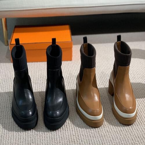 Top Quality Womens Boots Fashion Winter Sock Boots Pointed Toe Genuine Leather Womens Shoes Classic Slip on Boot With Size 41