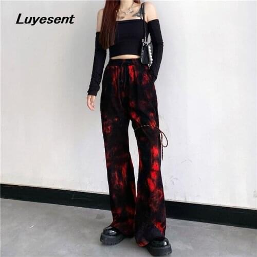Dark Gothic Black Red Lady Long Pants Autumn Women Tie Dye Cool Street Goth Wide Leg Pant Elastic Waist Lace-up Slim Trouser