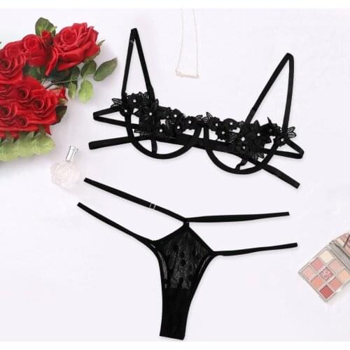 Womens underwear set no steel ring thong + underwear sexy lace temptation rose print underwear set нижнее белье женское 50