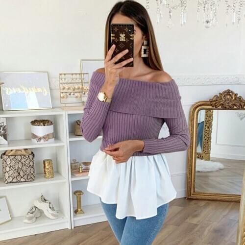 Sweater Women Slash Neck Pullover Womens Sweater Knitted Sweater Women Long Sleeve Loose Splice Sweater Pull Femme