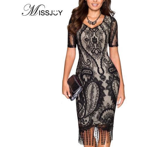 MISSJOY Party Temperament Women Dress 2019 Autumn Short Sleeves Patchwork Lace Tassel Bodycon Elegant Evening Robe Special Sexy