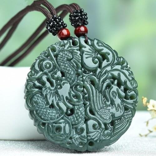 100% Natural Green HETIAN JadeES Pendant Carved Chinese Dragon Phoenix Pendant Necklace Women Men Lovers Jewelry Free Rope