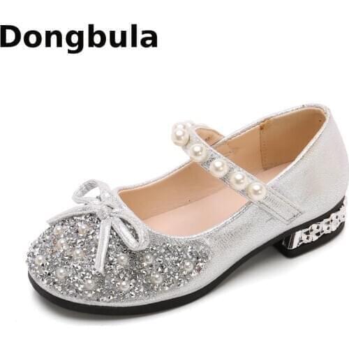2021 Children Shoes Girls High Heel Princess Kids Leather Shoes For Girls Flower Casual Glitter Crystal Student Show Party Shoes
