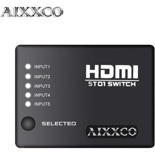 AIXXCO 5 Port HDMI Switch Switcher HDMI Splitter Hub with IR Remote IR Receiver Cable for Xbox PS3 DVD 3D 1080P HDTV