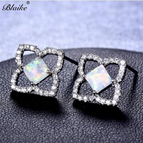 Blaike Boutique Square White Fire Opal/Zircon Stud Earrings For Women Unique Silver Color Engagement Jewelry Valentine Gift