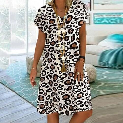 Boho Leopard Print Dress For Women Summer Loose Beach Dress Casual V Neck Short Sleeve A-line Plus Size Beach Dress Vestidos