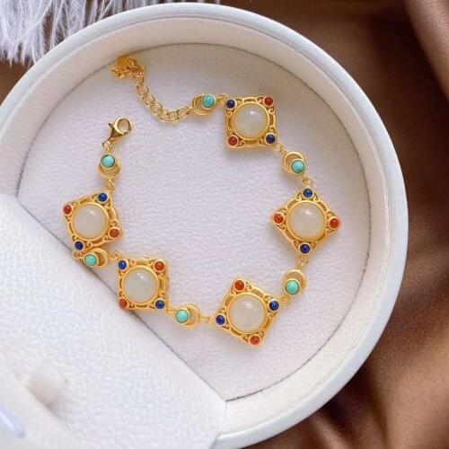 S925 Silver Inlaid Natural Hotan White Jade Bracelet Palace Chinese Retro Famous Ethnic Geometry Women Charm Craft Brand Jewelry