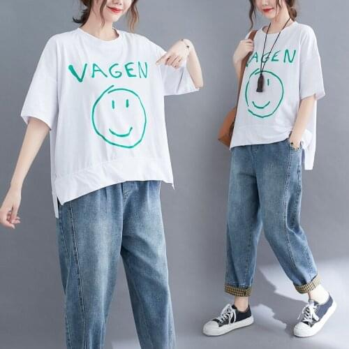 Korea Style Print Letter Smile Sweet Girls White Summer T Shirts Loose Tops Pure Cotton All-match Women Casual T Shirts Tees