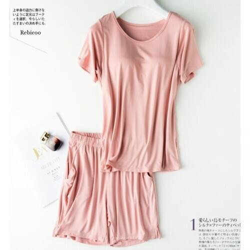 Cotton Pyjama New Pijamas Women Chest Pad Short Sleeve Pajamas Set Large Size Bra-Cup Loose Shorts Sleepwear Set