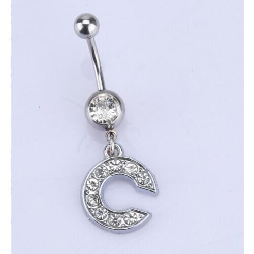 1Pc Letter Belly Button Ring Rhinestone Alphabet Pendant Navel Body Piercing Jewelry Silver Colour Nombril Piercing Gift Women