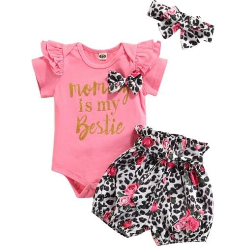 Infant Baby Girl Short Sleeve Suit Letter Bodysuit Leopard Floral Shorts Headband 3Pcs Clothes Toddler Summer Clothing
