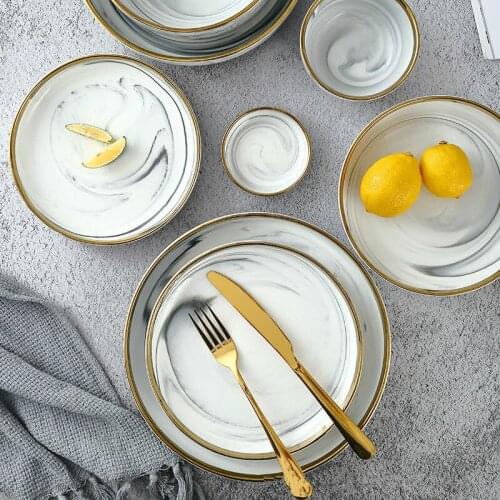 Creative marble pattern Phnom Penh ceramic Western tableware household deep soup dish rice noodle bowl set dinner plates