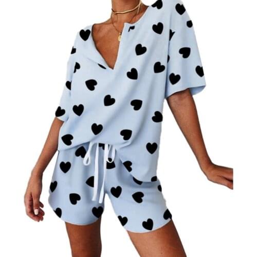 Summer Women Pajama Sets V Neck T-shirt Drawstring Shorts Floral Print Ribbed breathable Sleepwear Women Pajamas Set
