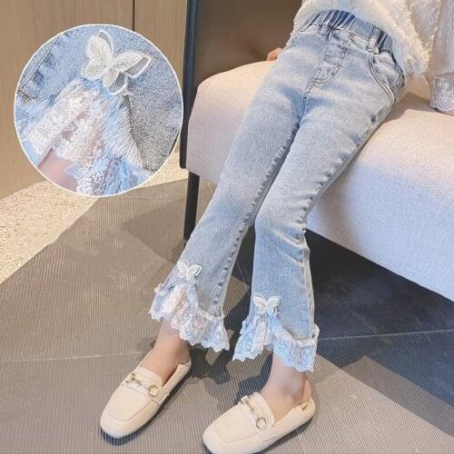 Fashion Teen Girls Flare Jeans Sweet Kids Lace Bell-Bottoms Pants Spring Autumn Children Denim Jean Trousers 4 6 7 9 11 12 14Y