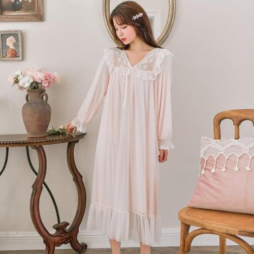 Court Nightwear Women Sweet Lace Modal Nightdress Autumn Long Sleeve Fairy Style Home Wear