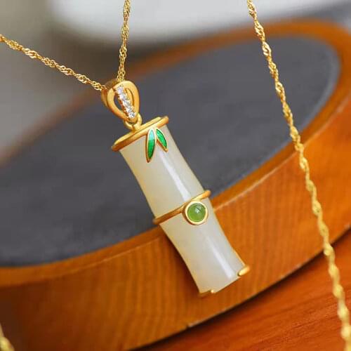 Silver inlaid natural Hetian white jade bamboo Pendant Necklace Chinese court style elegant charm womens brand jewelry