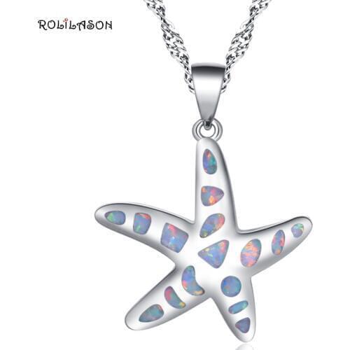 ROLILASON New Year Stars Retro style for ladies Anniversary gift white opal silver color Stamped Necklace Pendant OP775