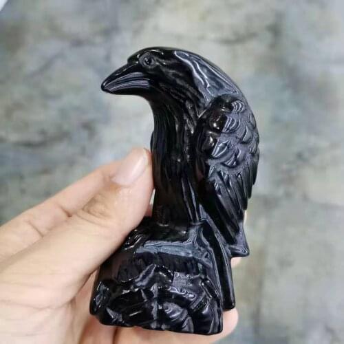 Natural Hand Carved Black obsidian raven sculptures Reiki Healing Stone Statue