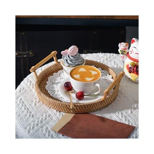 Rattan Handwoven Round High Wall Severing Tray Food Storage Platters Plate Over Handles For Breakfast Drink Snack For Coffee Tea