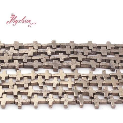 Cross Silvers Gray Pyrite Beads Natural Stone Spacer Beads for DIY Women Necklace Bracelet Earrings Rings Jewelry Making 15"