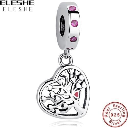 ELESHE Real 925 Sterling Silver Heart Life of Tree Dangle Charm Fashion Women Jewelry Making Gift fits Original Bracelets