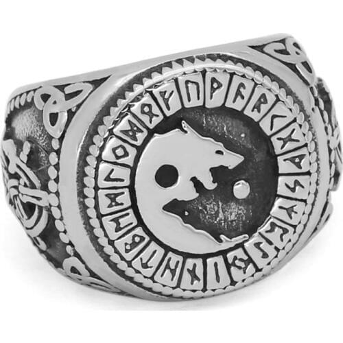 Nordic Viking Wolf Geri and Freki Rune Amulet Stainless Steel Ring with Valknut Rune Gift Bag