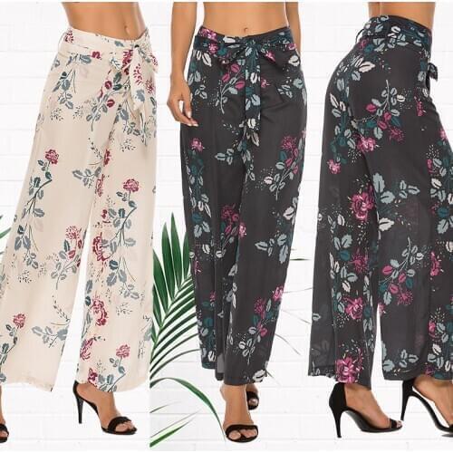 2020 High Waist Pants Women Floral Print Pants Bandage Pleated Wide Leg Chiffon Casual Great For Party Daily Beach Sweatpants