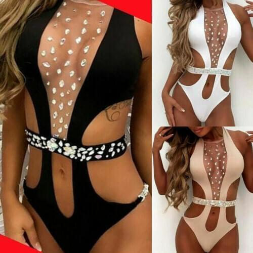 Women Swimming Costume Padded Push Up Swimsuit Diamante Monokini Swimwear Bikini Fashion Sexy Sequin Lady Swim One-Pieces Suit