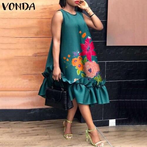 Women Elegant Midi Dress Summer Party Long Dresses 2021 VONDA Fashion Beach Floral Print Ruffled Tank Vestidos