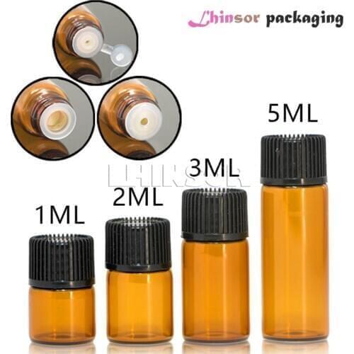 100pcs/lot 1ml 2ml 3ml 5ml Amber Glass Bottle Jars Vials with Pipette Doterra Essential Oil Cosmetic Perfume Refillable Bottles