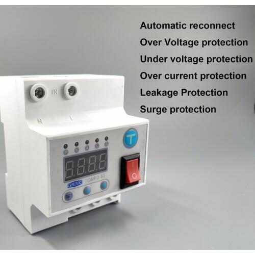 63A Automatic reconnect circuit breaker with over and under voltage over current Leakage protection surge protect relay